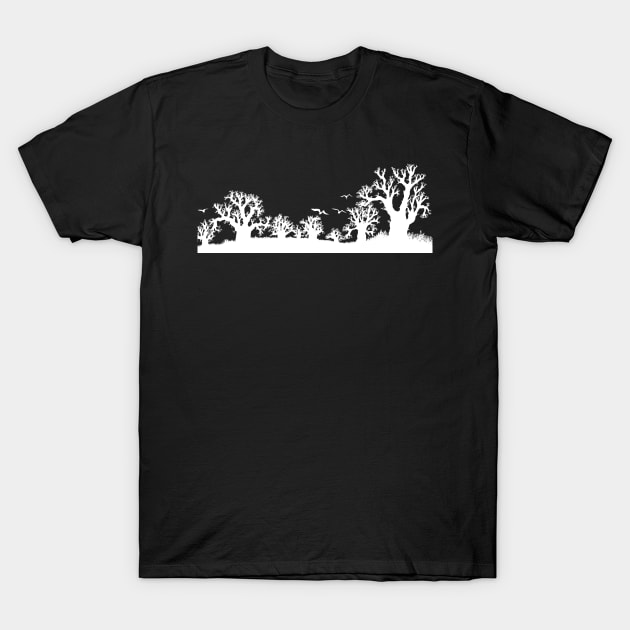 Baobab Trees Silhouette White on Black T-Shirt by Tony Cisse Art Originals